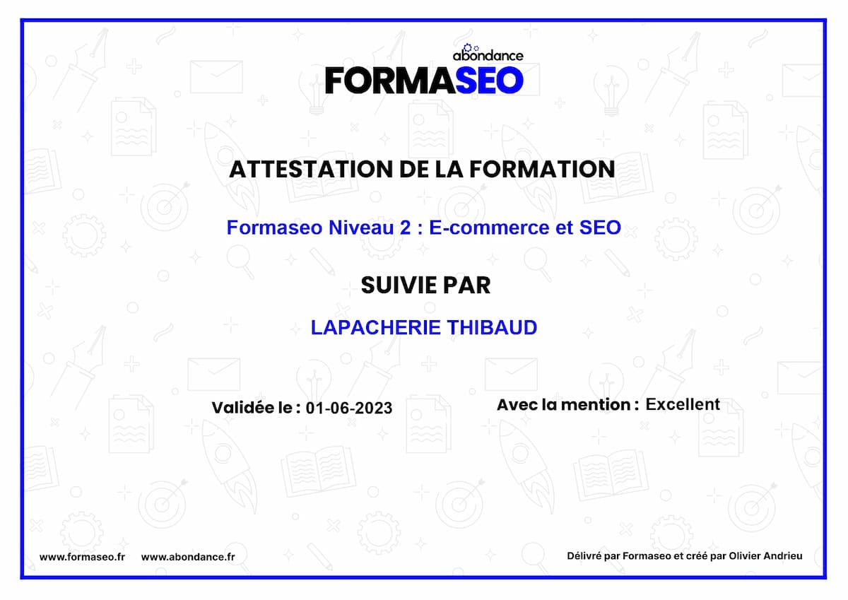 Attestation formation E-commerce et SEO Thibaud Lapacherie