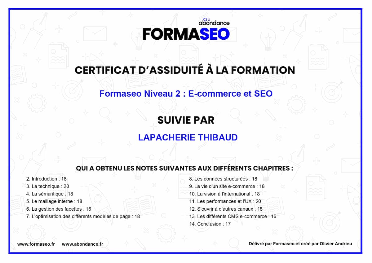 Certificat SEO assuidité formation Thibaud Lapacherie